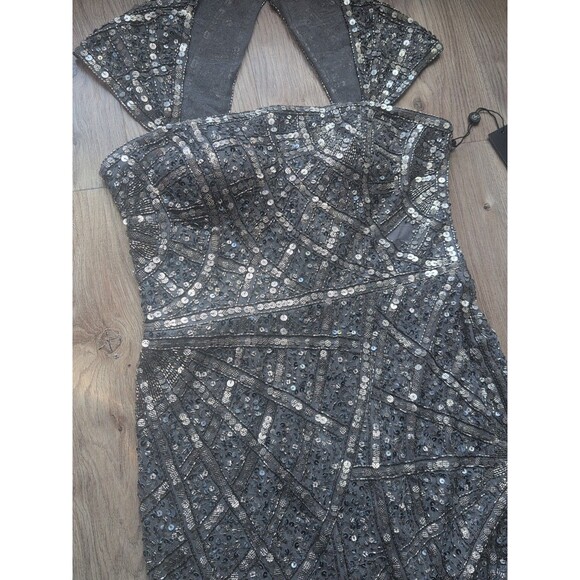 Adrianna Papell Long Beaded Mesh Dress Womens 10 Sterling Grey Silver $298 - Picture 7 of 14